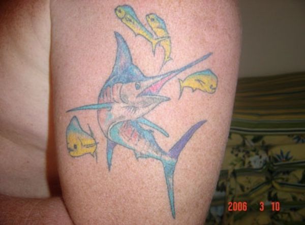 Simple Saltwater Marlin Fish Tattoo On Half Sleeve