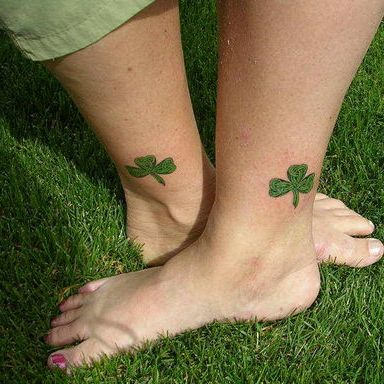 Simple Shamrock Leaf Matching Tattoos On Ankles