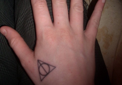 Simple Tiny Deathly Hallows Hand Tattoo