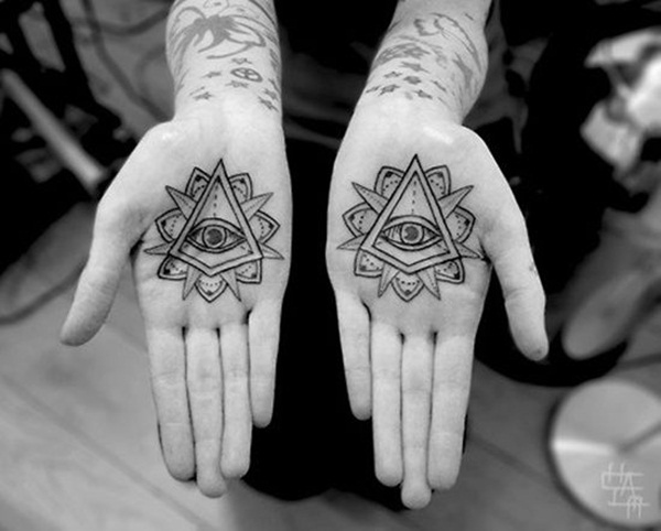 Simple Triangle Eye With Mandala Flower Matching Tattoos On Both Palms