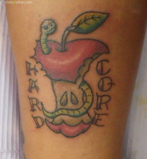 Simple Worm In Rotten Apple Tattoo