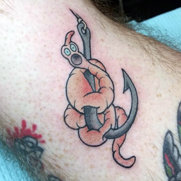 Simple Worm On Fishing Hook Color Tattoo