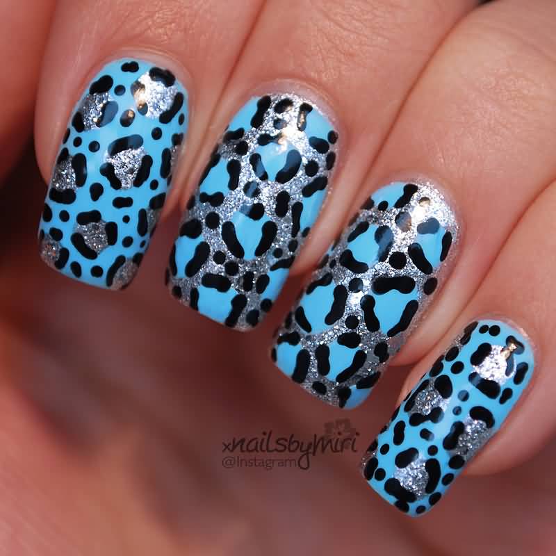 Sky Blue And Silver Glitter Leopard Print Nail Art