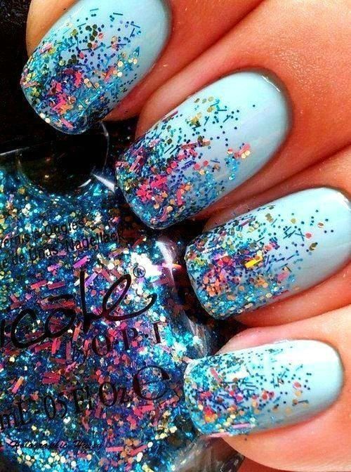 Sky Blue Base Nail With Colorful Glitter Nail Art