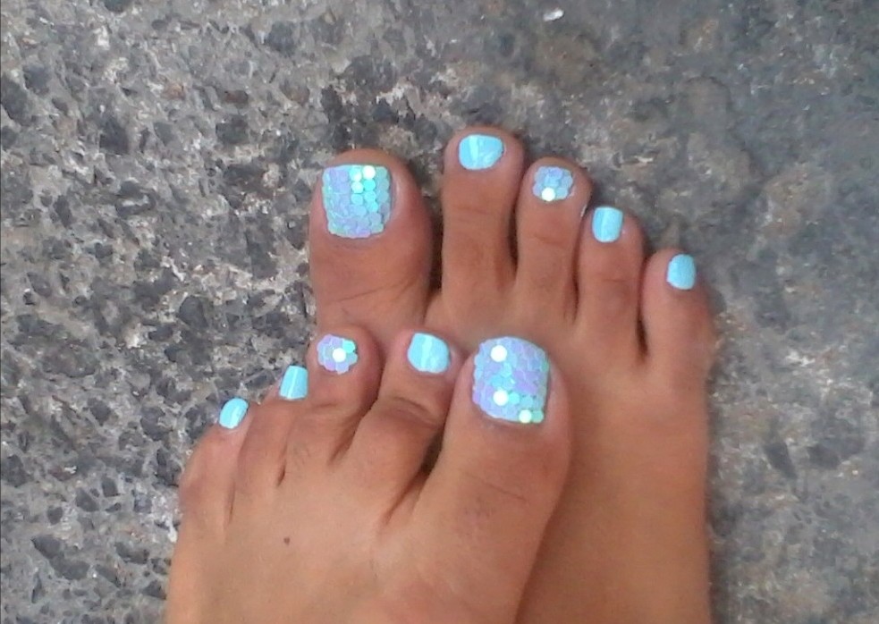 sky blue and white nail design