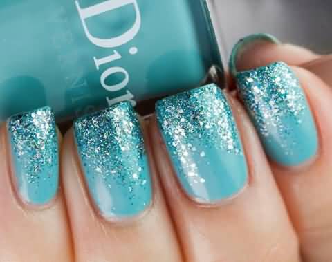 Sky Blue Nails With Glitter French Design