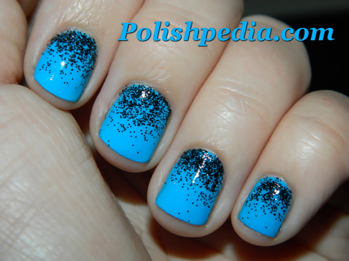 Sky Blue Short Nails With Black Glitter Nail Art