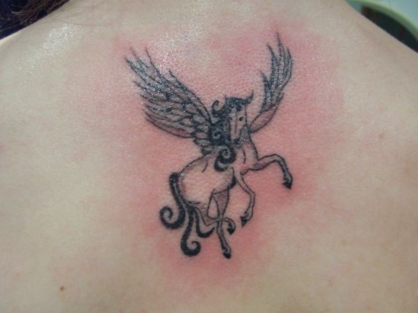 Small Black And White Pegasus Tattoo On Upper Back