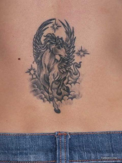 Small Black And White Pegasus With Stars Tattoo On Lower Back
