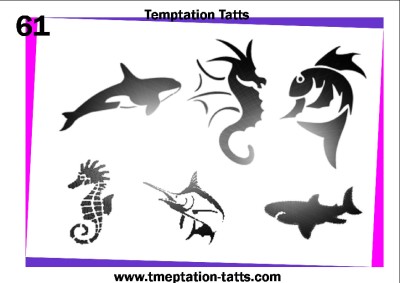 Small Black And White Sea Creatures Tattoo Stencil Set