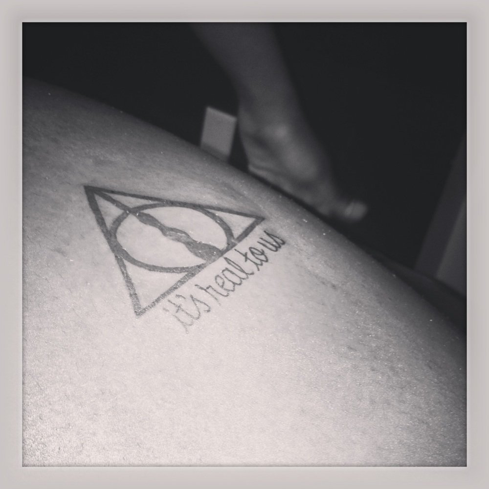 Small Deathly Hallows With Lettering Tattoo