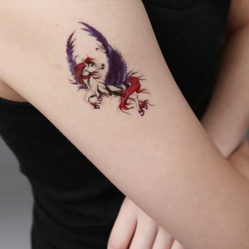 Small Flying Pegasus Color Tattoo On Half Sleeve