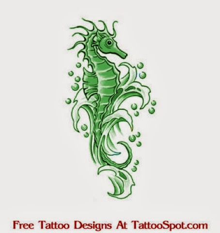 Small Green Seahorse With Water Bubbles Tattoo