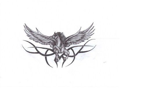 Small Grey Pegasus With Tribal Design Tattoo Stencil