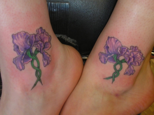 Small Lovely Iris Flowers Matching Tattoos On Ankles