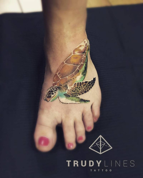 Small Realistic Reptile Turtle Tattoo On Foot By Corina Welkl