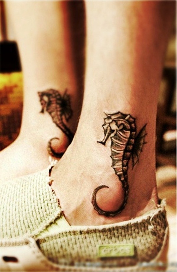 Small Seahorse Matching Tattoos On Ankles