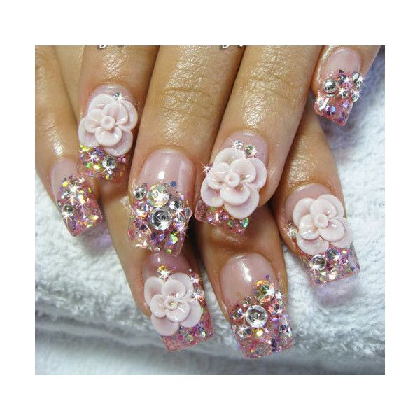 Sparkle Nails With 3D Flowers Nail Art