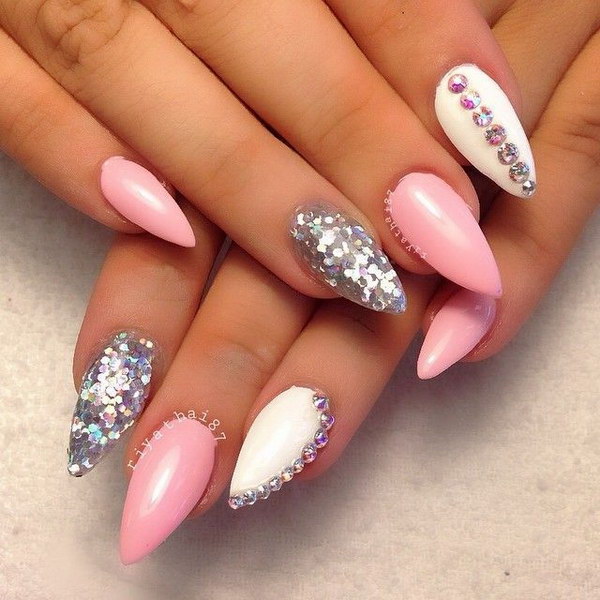 Studded Pink Stiletto Nail Art Design Idea