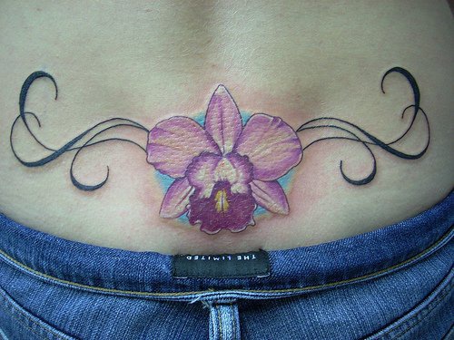 Stylish Purple Iris Tattoo On Lower Back