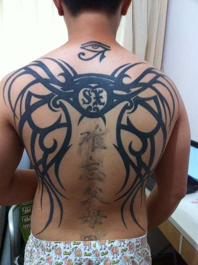 Stylized Tribal Wings With Horus Eye Tattoo On Nape And Full Back