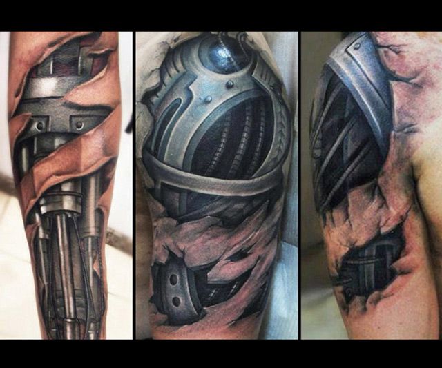 Superb 3D Grey Mechanical Tattoo On Left Shoulder