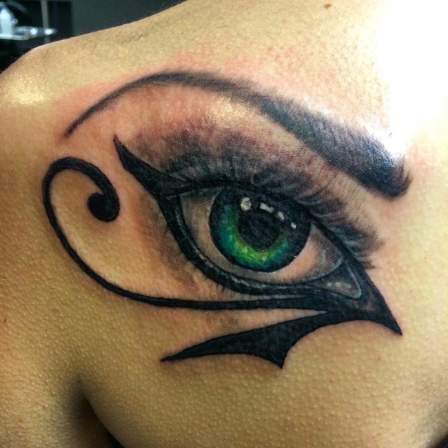 Superb 3D Horus Eye Tattoo On Left Back Shoulder