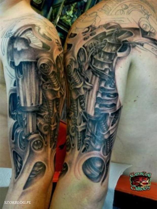 Superb Black And Grey 3D Mechanical Tattoos On Half Sleeves