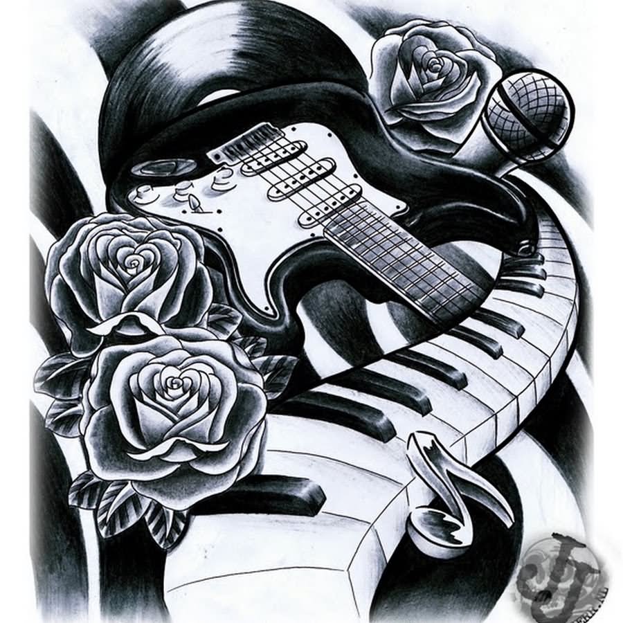 Superb Black Guitar With Piano Keys And Rose Flowers Tattoo Design