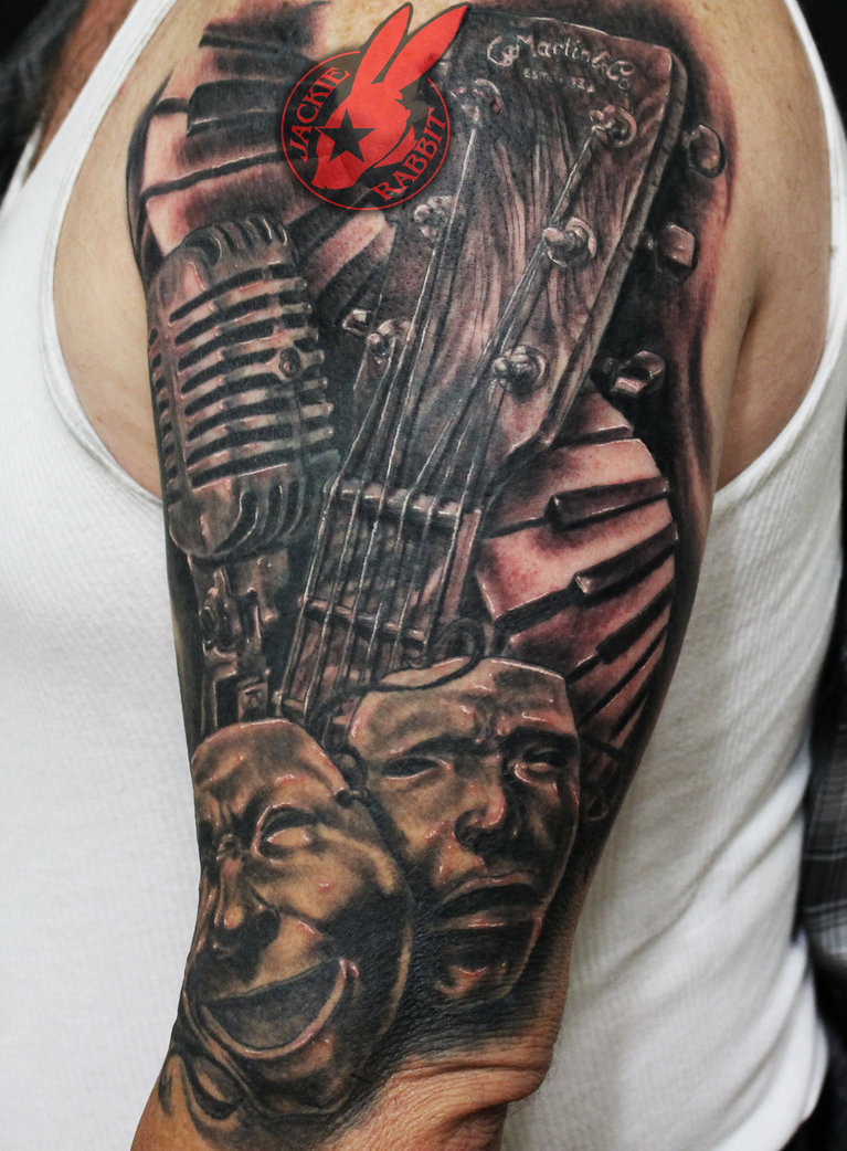 Superb Grey And Black Piano Keys With Masks And Microphone Tattoo By Jackie Rabbit