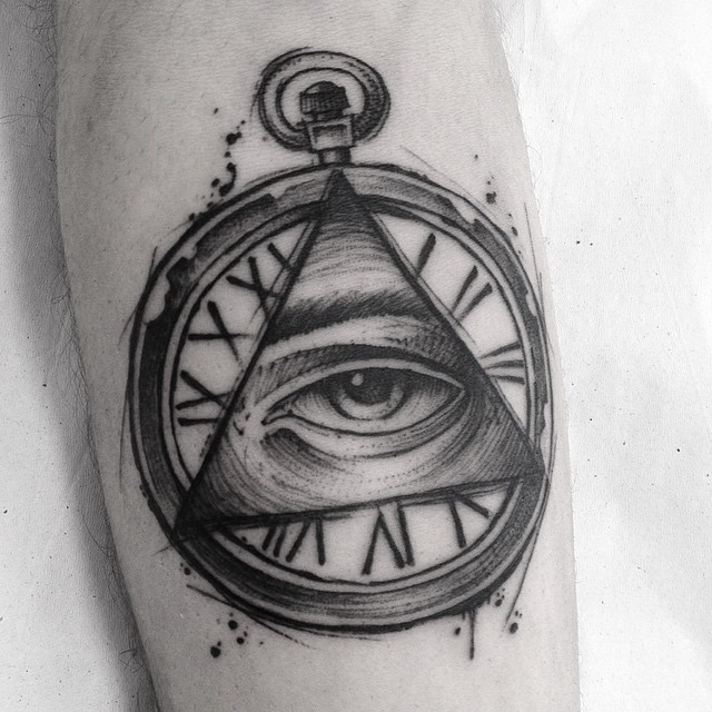 Superb Grey Triangle Eye With Pocket Watch Tattoo On Forearm