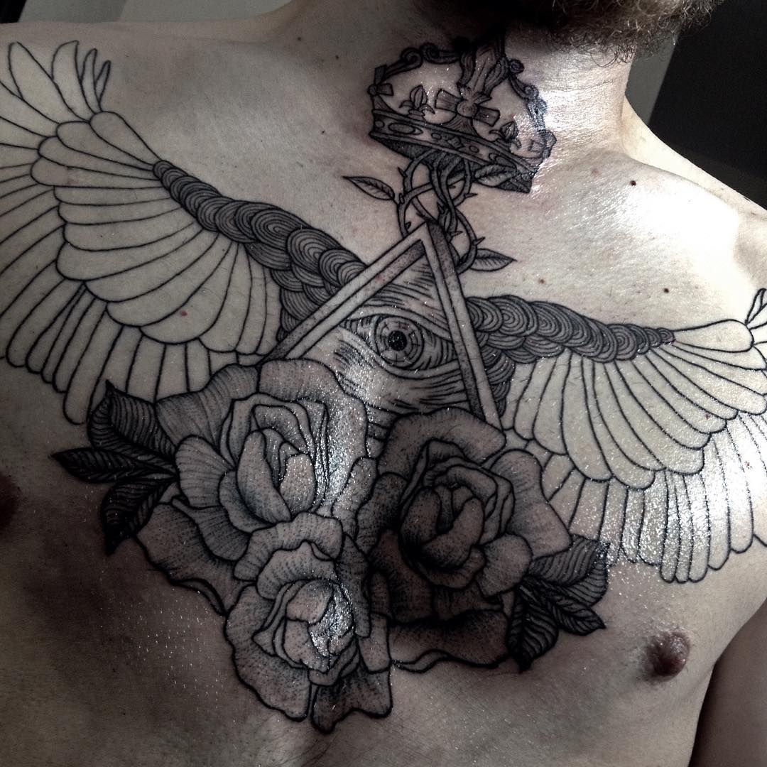 Superb Grey Triangle Eye With Roses And Wings Tattoo On Chest