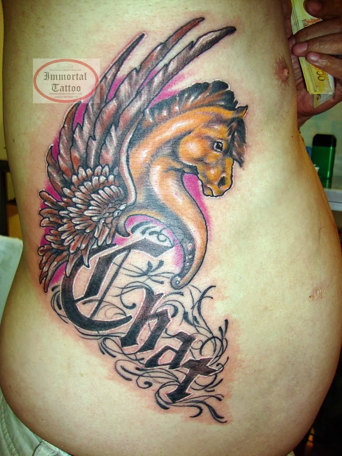 Superb Pegasus With Chat Word Color Tattoo On Side Rib