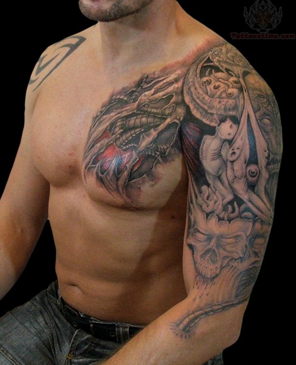 Superb Realistic Color Mechanical Skull Mask Tattoo On Half Sleeve And Chest