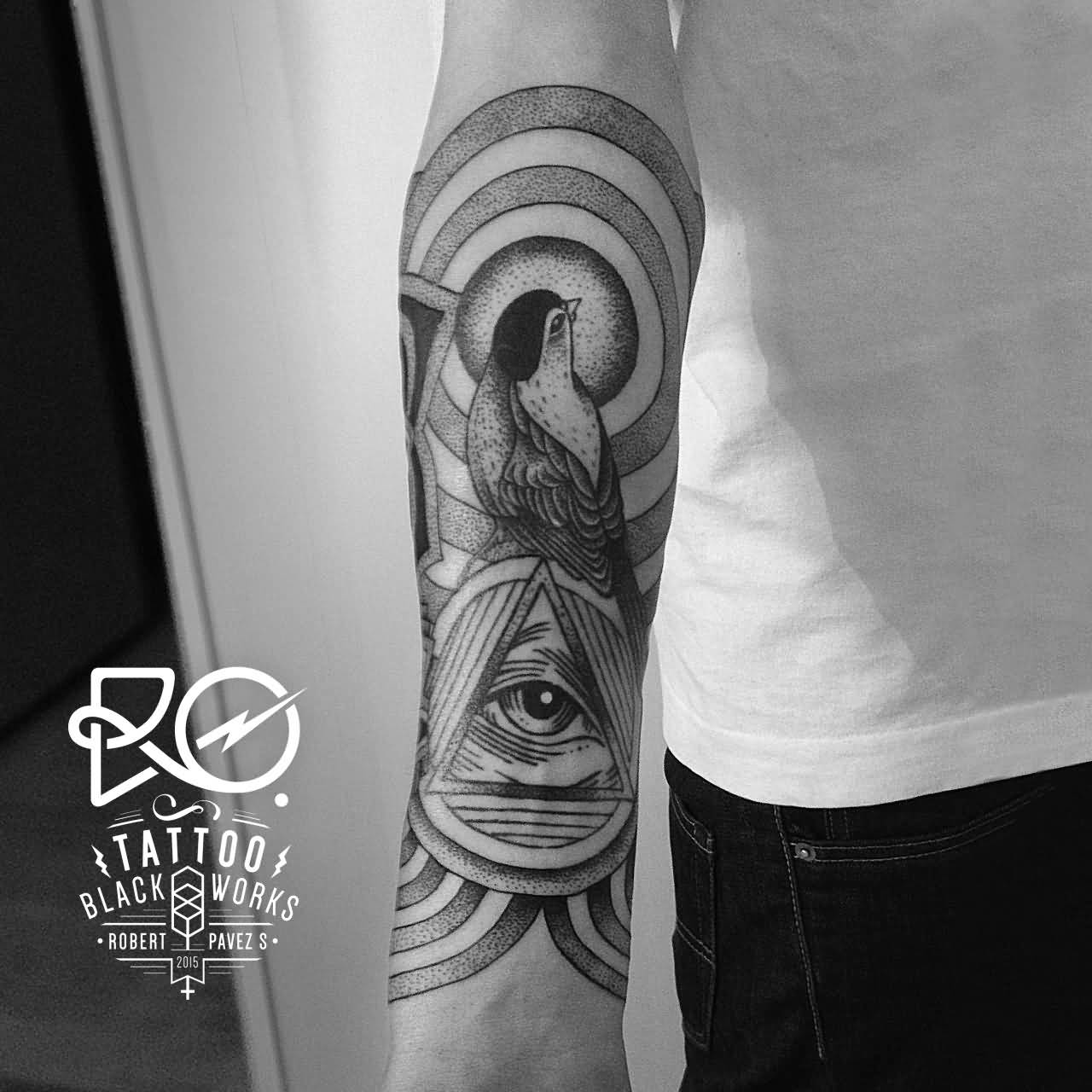 Superb Triangle Eye With Bird Dotwork Tattoo On Forearm