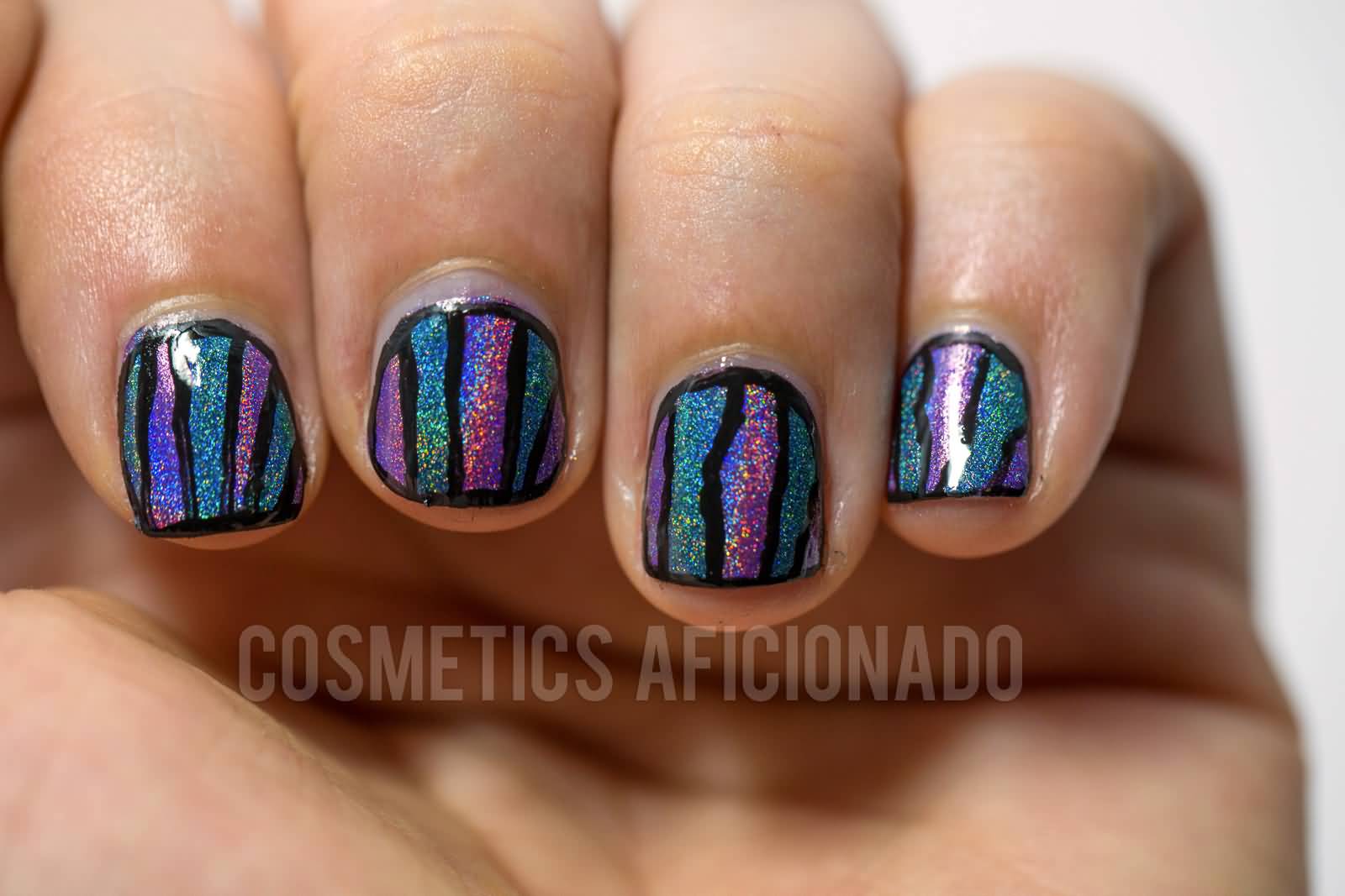 Teal Purple Holographic Nail Art