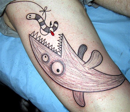 Terrible Fish Eating Worm On Hook Tattoo