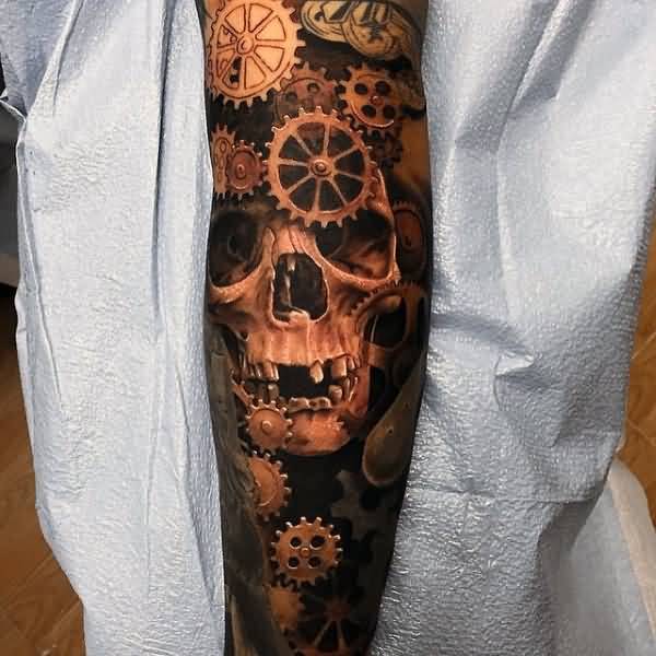 Terrific 3D Skull Mechanical Tattoo On Arm