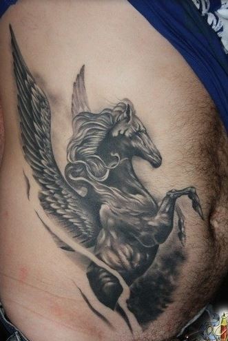 Terrific Black Pegasus Tattoo On Side Rib