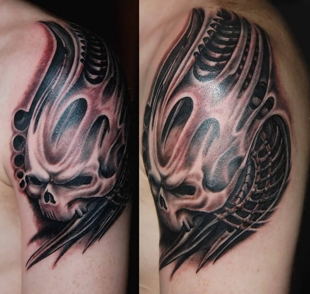 Terrific Grey And Black Mechanical Skull Tattoo On Left Shoulder