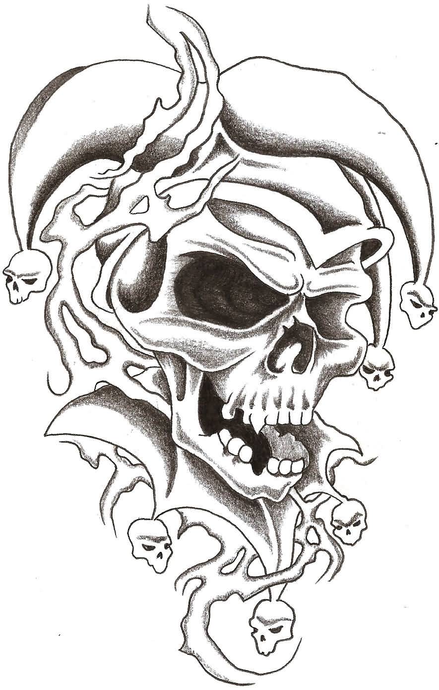 Terrific Laughing Evil Jester Skull Tattoo Stencil