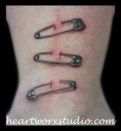 Three Safety Pins Ripped Skin Tattoo By VelleVonG
