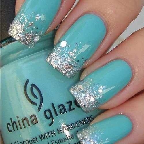Tiffany Blue Nails With Silver Glitter Tip Design Nail Art