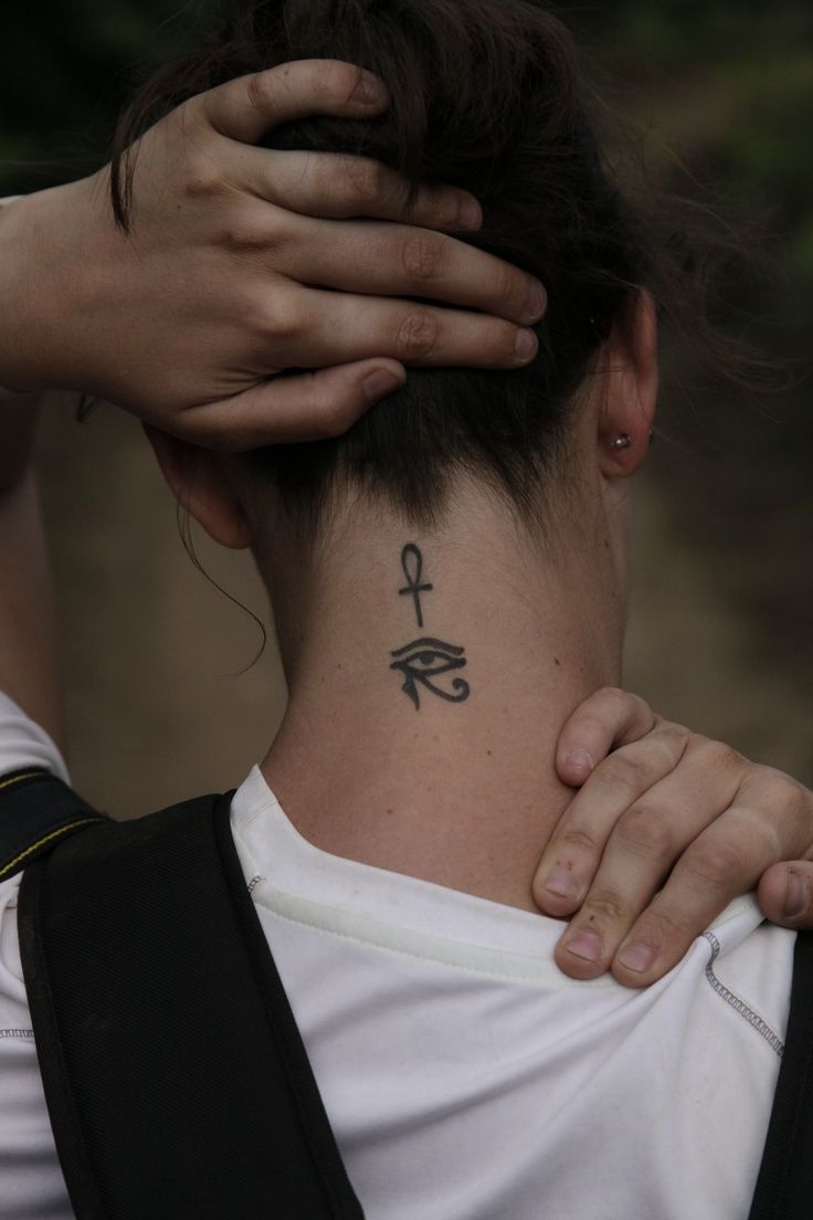 Tiny Horus Eye with Ankh Tattoo On Back Neck