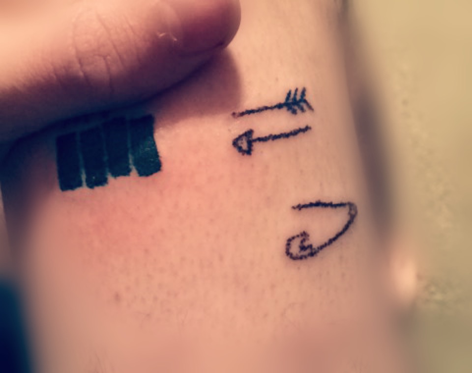 Tiny Safety Pin And Arrow Tattoo