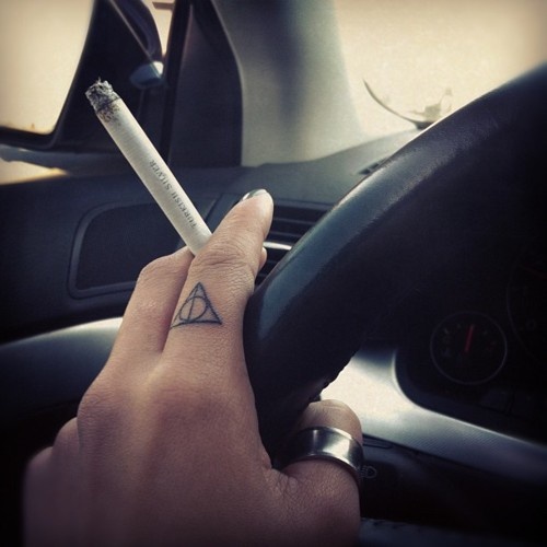Tiny Simple Deathly Hallows Tattoo On Finger