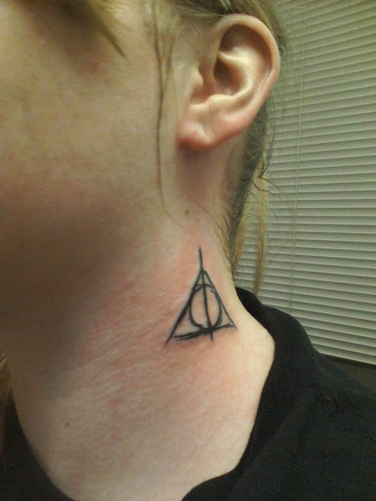 Tiny Simple Deathly Hallows Tattoo On Side Neck By Twixie09