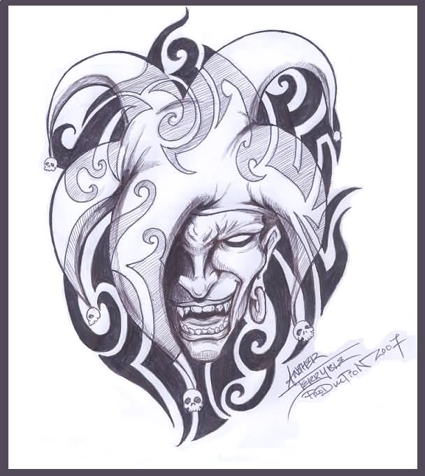 Tribal And Evil Jester Tattoo Stencil