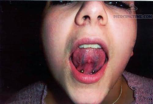 Tongue Frenulum Piercing With Circular Barbell For Girl