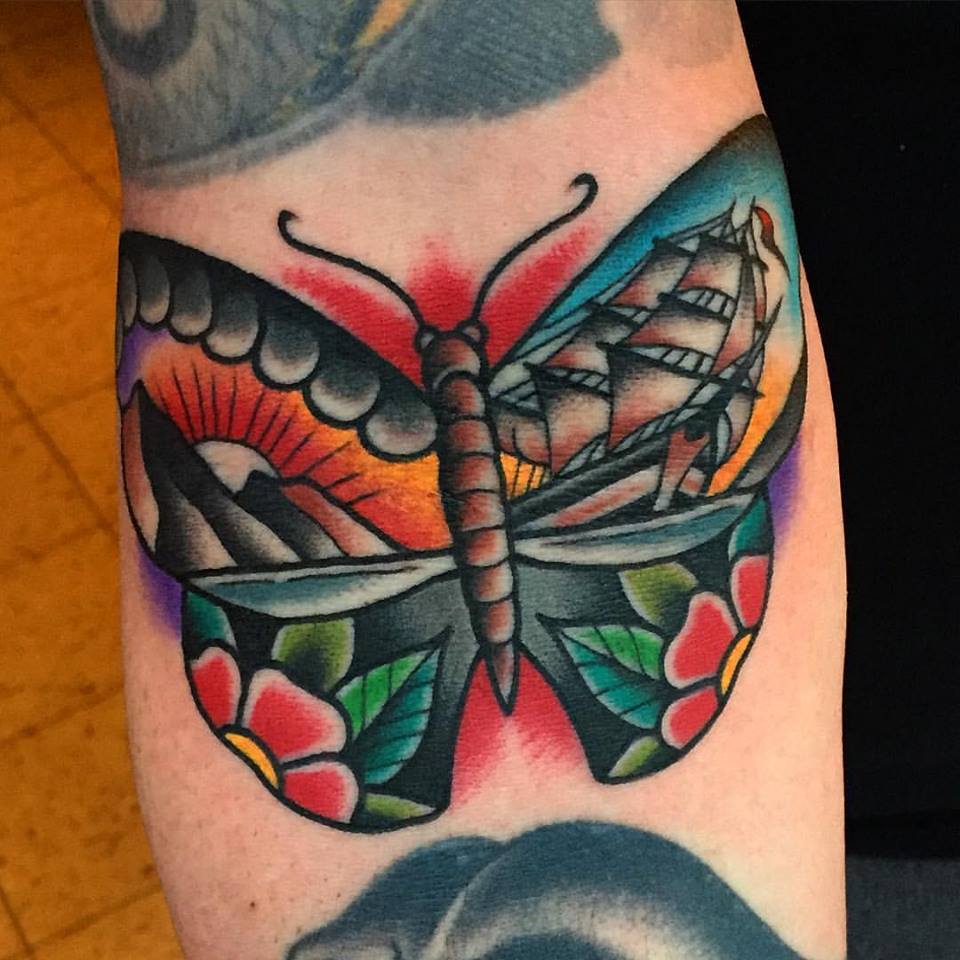 Traditional Butterfly Tattoo On Arm by Samuele Briganti